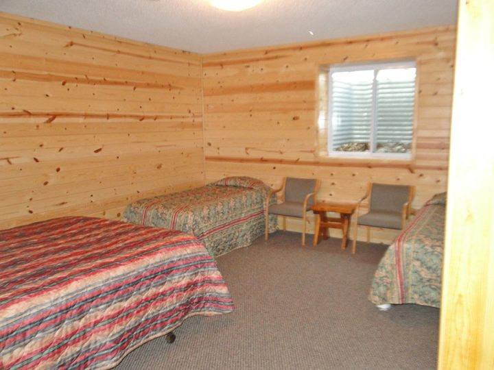 Rustic cabin bedroom with three beds and wood-paneled walls