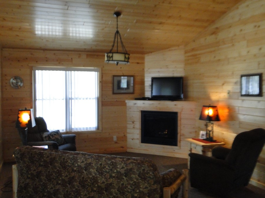 Cozy log cabin living room with fireplace and TV