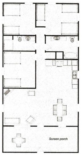 Residential floor plan with screen porch and multiple rooms