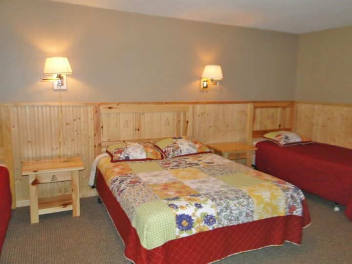 Rustic lodge bedroom with two beds and wooden paneling
