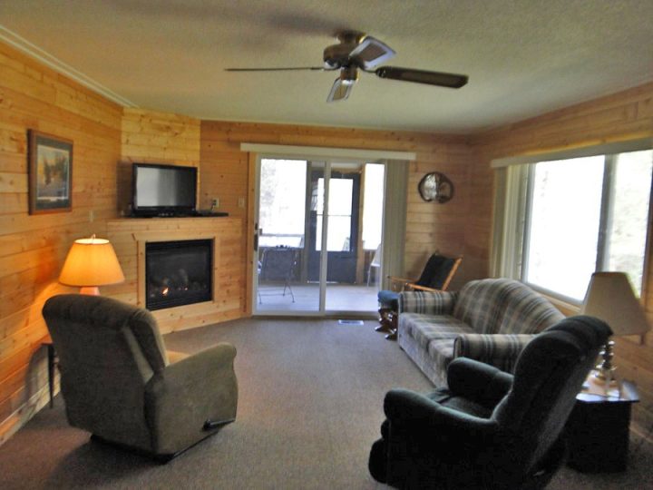 Cozy cabin living room with fireplace and wood-paneled walls