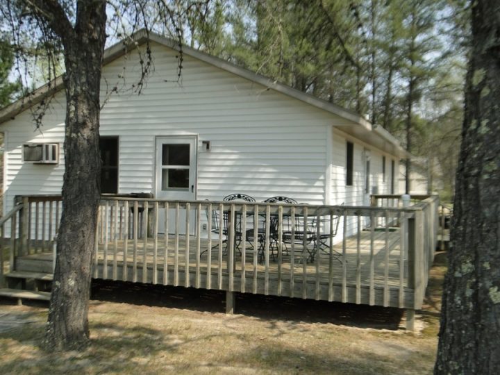 White cottage with wooden deck surrounded by pine trees