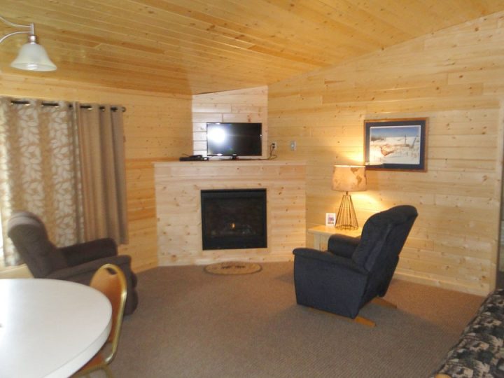 Cozy wooden cabin living room with fireplace and TV