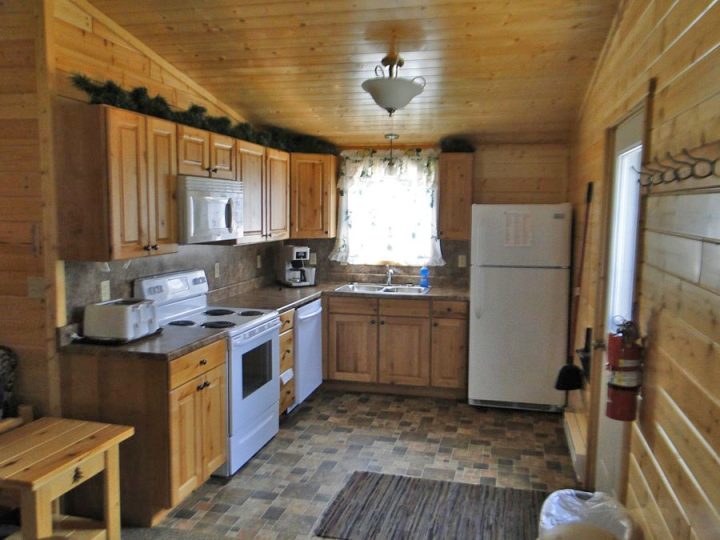 Cozy rustic log cabin kitchen with wooden walls and appliances