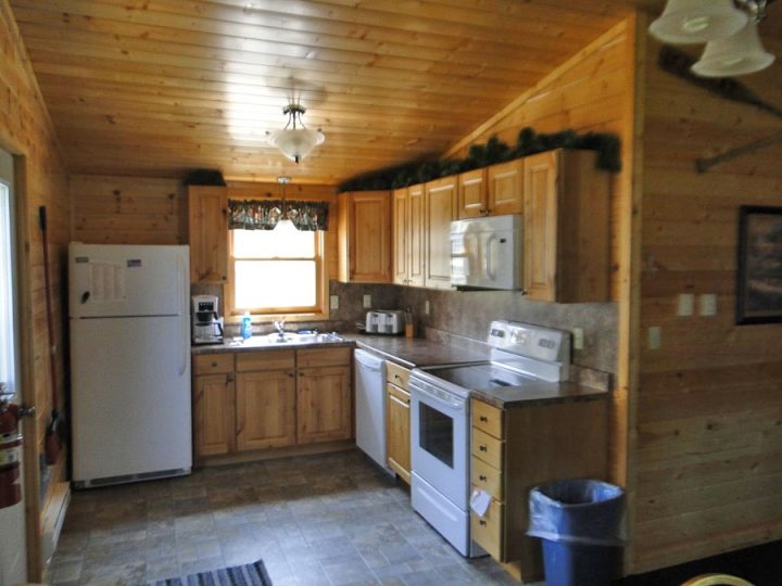 Cozy rustic log cabin kitchen with wood walls and appliances