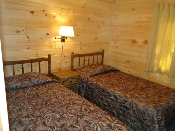 Cozy log cabin bedroom with two twin beds
