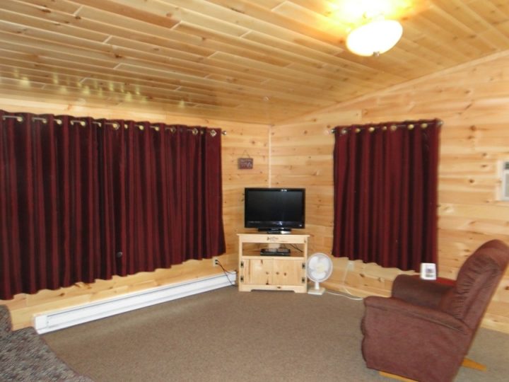 Cozy wooden cabin living room with TV and recliner