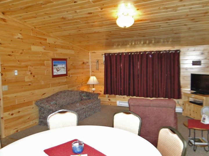 Cozy rustic log cabin interior with living and dining area