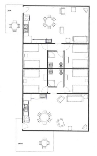 Detailed residential floor plan with multiple rooms and decks