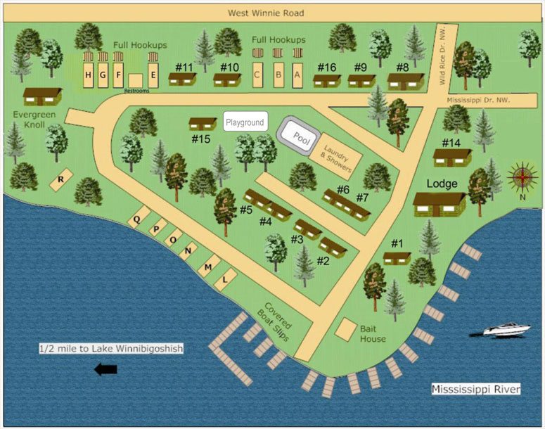 Campground map showing cabins, amenities, and Mississippi River