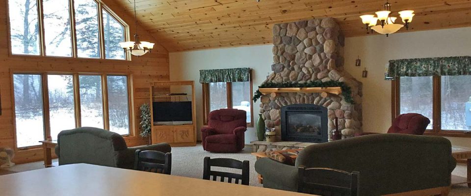 Cozy cabin living room with stone fireplace and winter views