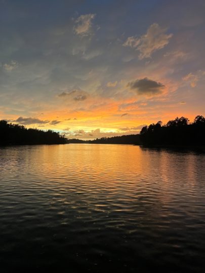 Vibrant sunset over calm lake surrounded by silhouetted trees