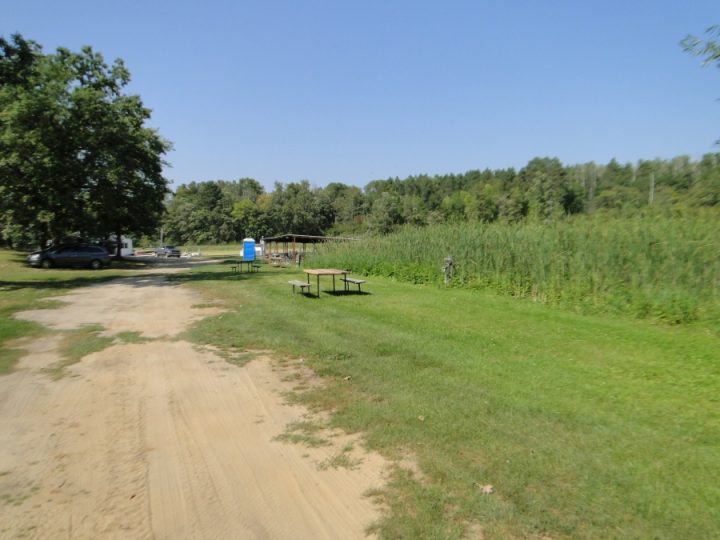 Rural campground with dirt road, picnic tables, and lush greenery