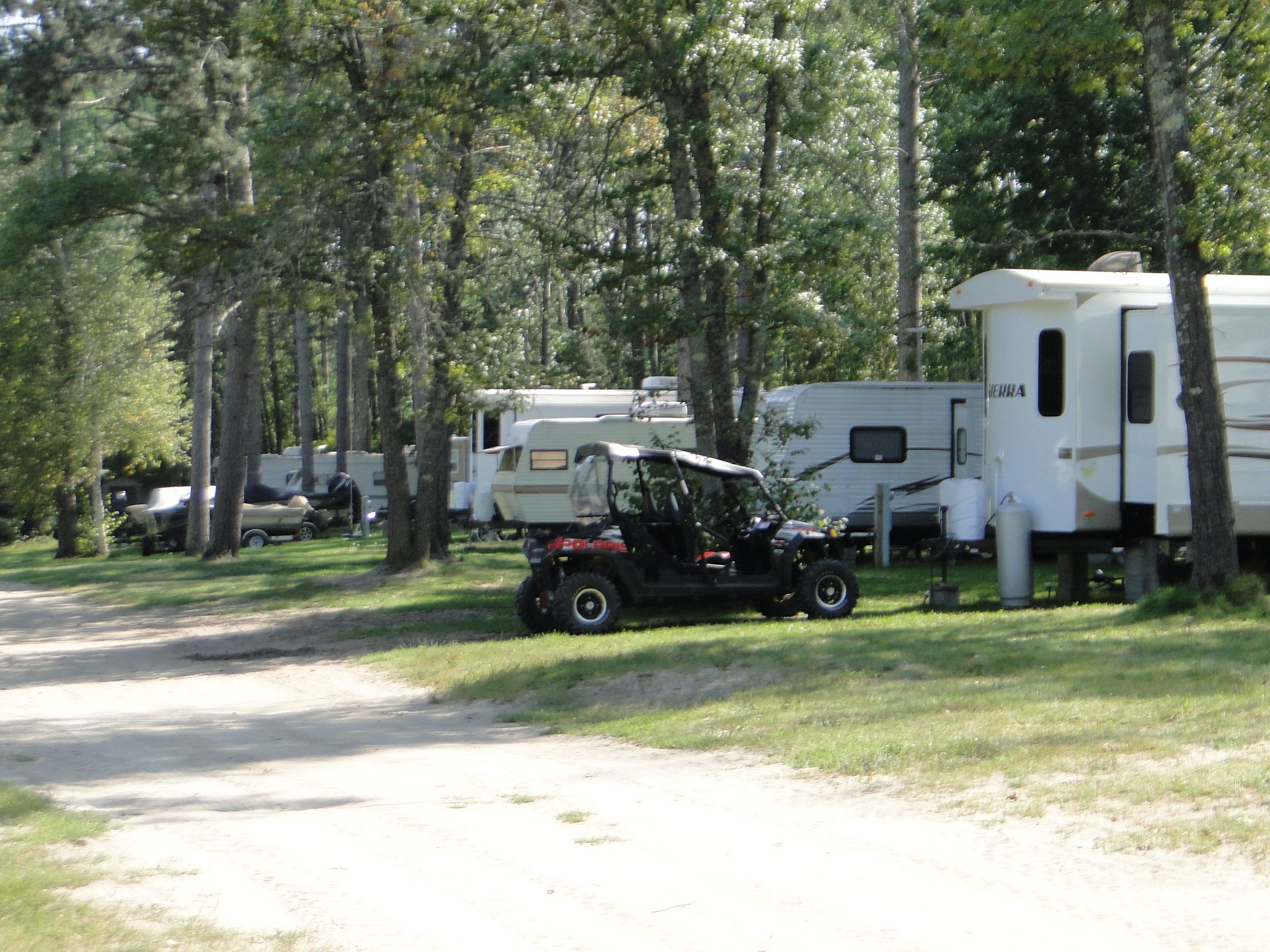 RV campground with trailers and UTV among tall trees